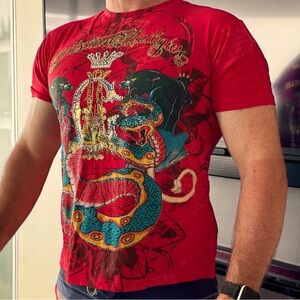 Christian Audigier Red and Gold Short Sleeve Tee XL